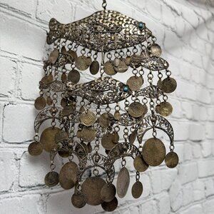 Vintage Filagree Fish Hanging Egyptian Necklace Moon Coins Motifs